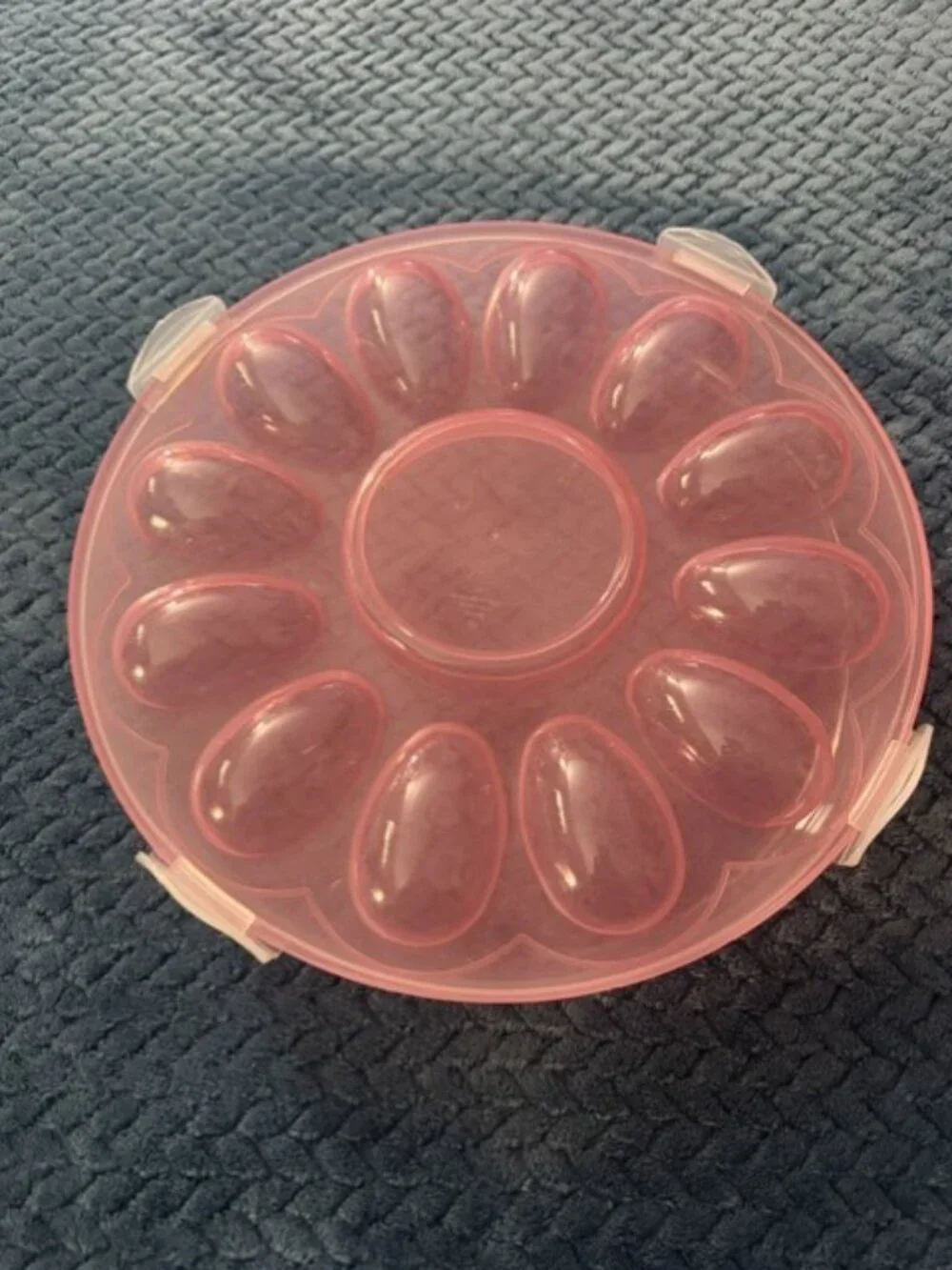 Round Pastel Pink Deviled Egg Carrier with Locking Lid – Holds 12 Eggs